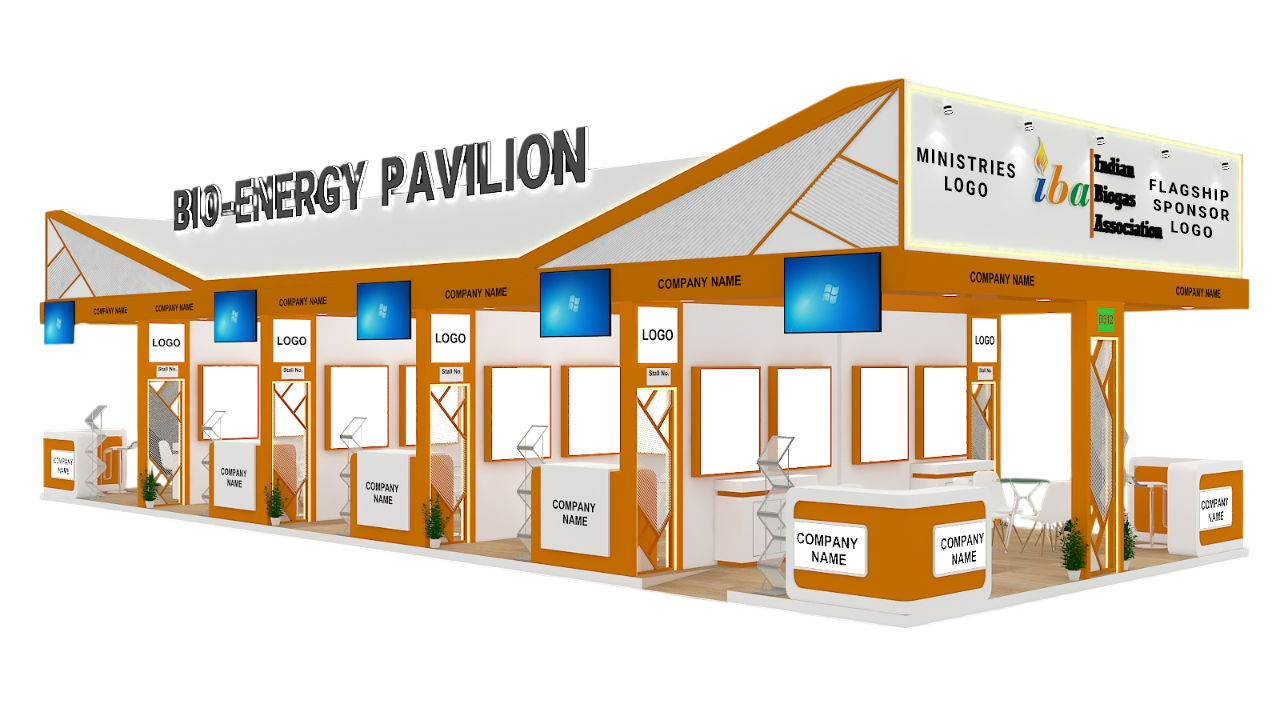 Bio-Energy Pavilion 2026 booth design — 3D layout with flagship sponsor branding and exhibitor stalls